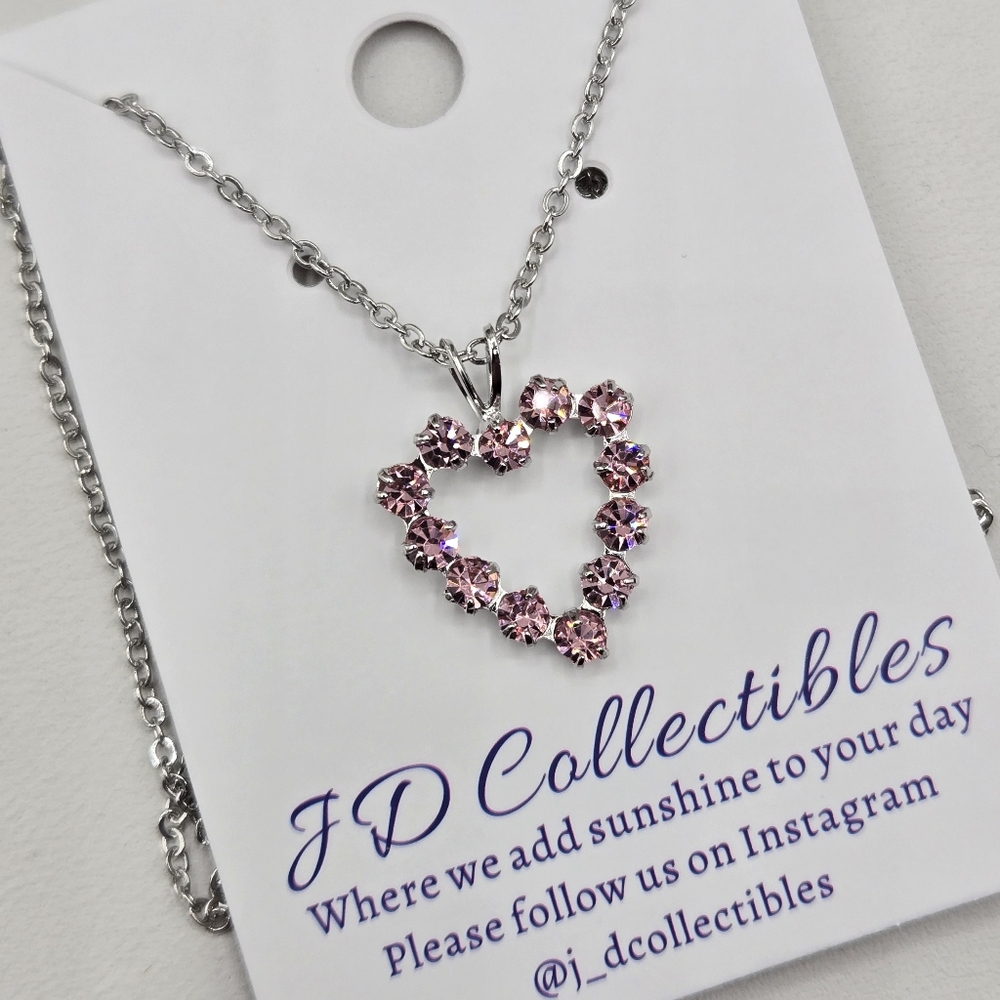 Swarovski Crystal Elements Pink Heart Silver Necklace 18 inch Prom Bridal Formal